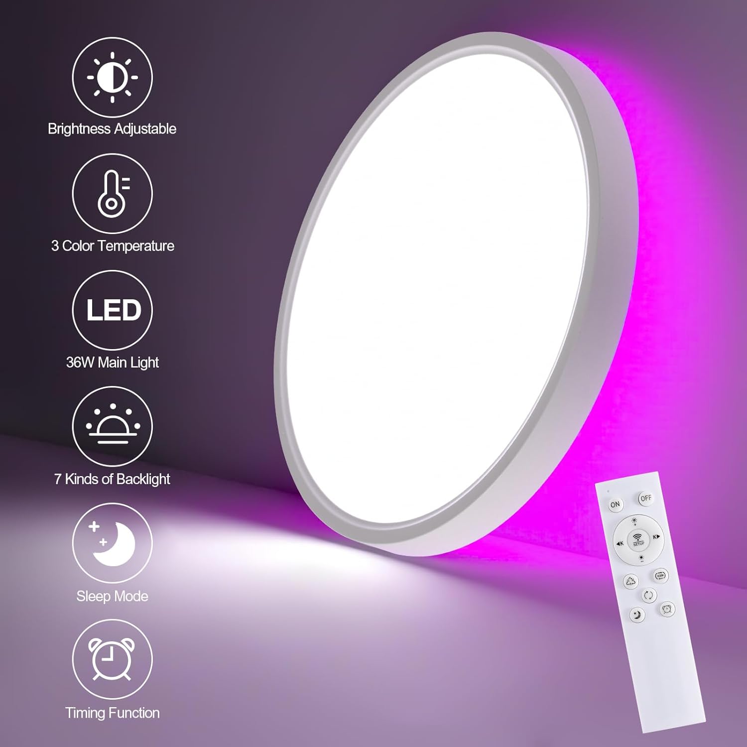 RGB Smart Ceiling Light with Remote Control, 12Inch 36W Dimmable LED Flush Mount Ceiling, RGB Color Changing Ambient Light for Bedroom, Kitchen, Dining Room, Basements 3 61b22Z2P WL. AC SL1500