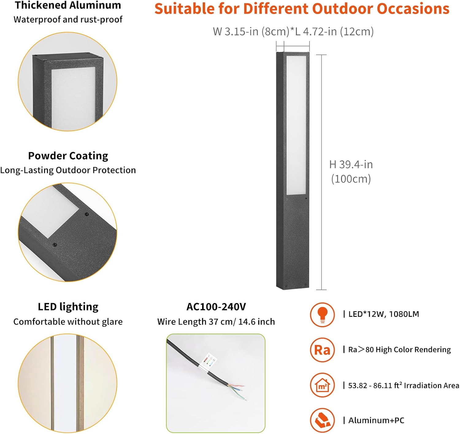 39.4" Outdoor Pathway Lights Wired, AC100-240V Modern Landscape Path Lights, 3000K LED Driveway Light, IP65 Waterproof Bollard Light Landscape Lighting for Walkway Lawn Patio Garden Yard Outside