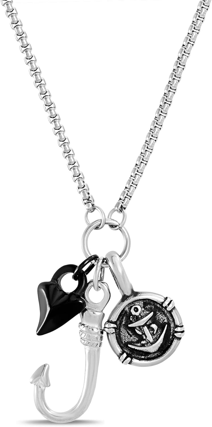 Nautica Fish Hook Charm Anchor Shark Tooth Necklace for Men Oxidized Stainless Steel 20 Inches