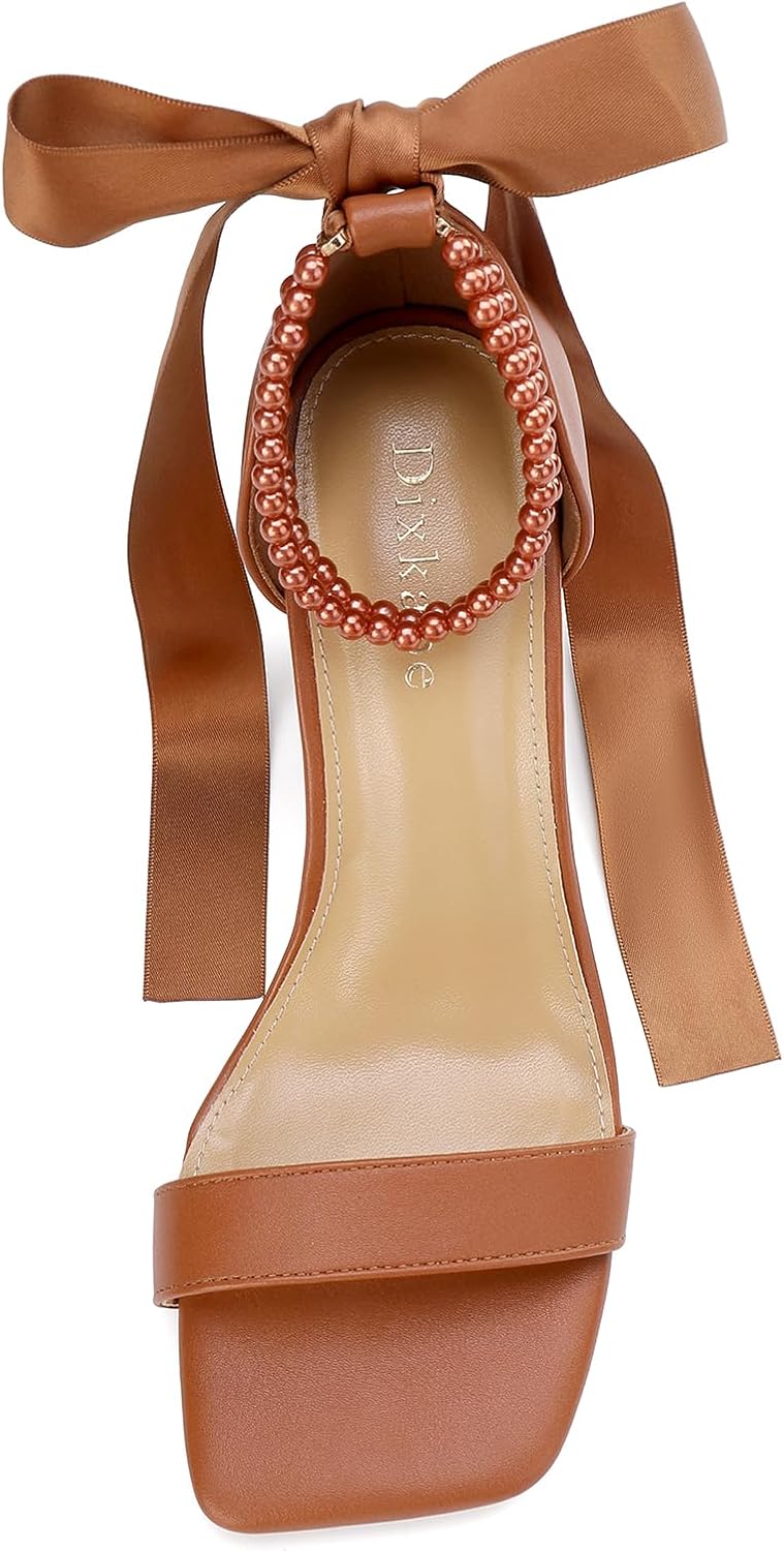 Lace Up Bow Heels for Bride Pearl Embellished Block Wedding Shoes for Bride White Heels with Bows On Back