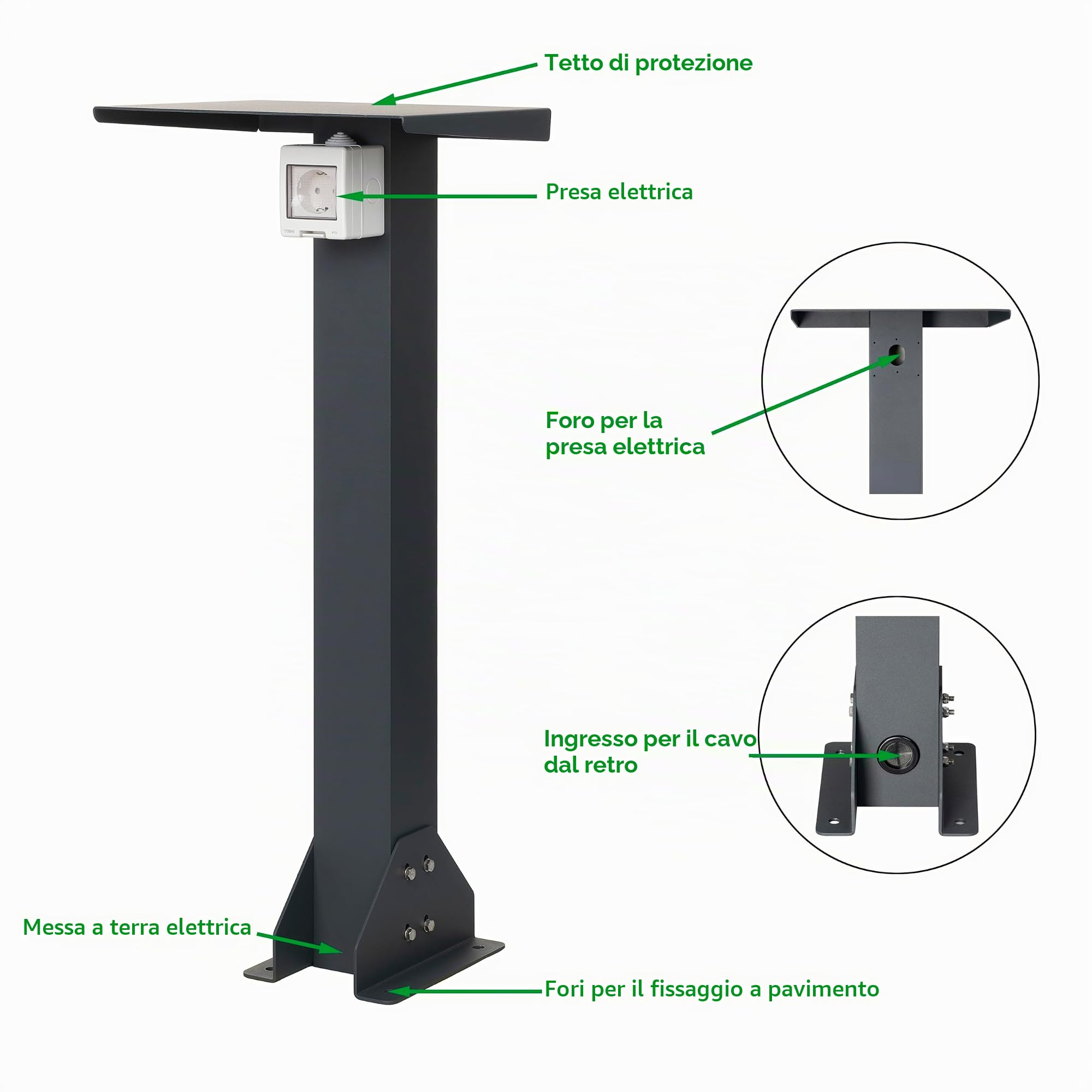 Base in alluminio con presa esterna. Colonna di presa di alta qualità. Presa per esterno con piede (Schuko 1F, 16 A, 3,7 kW)