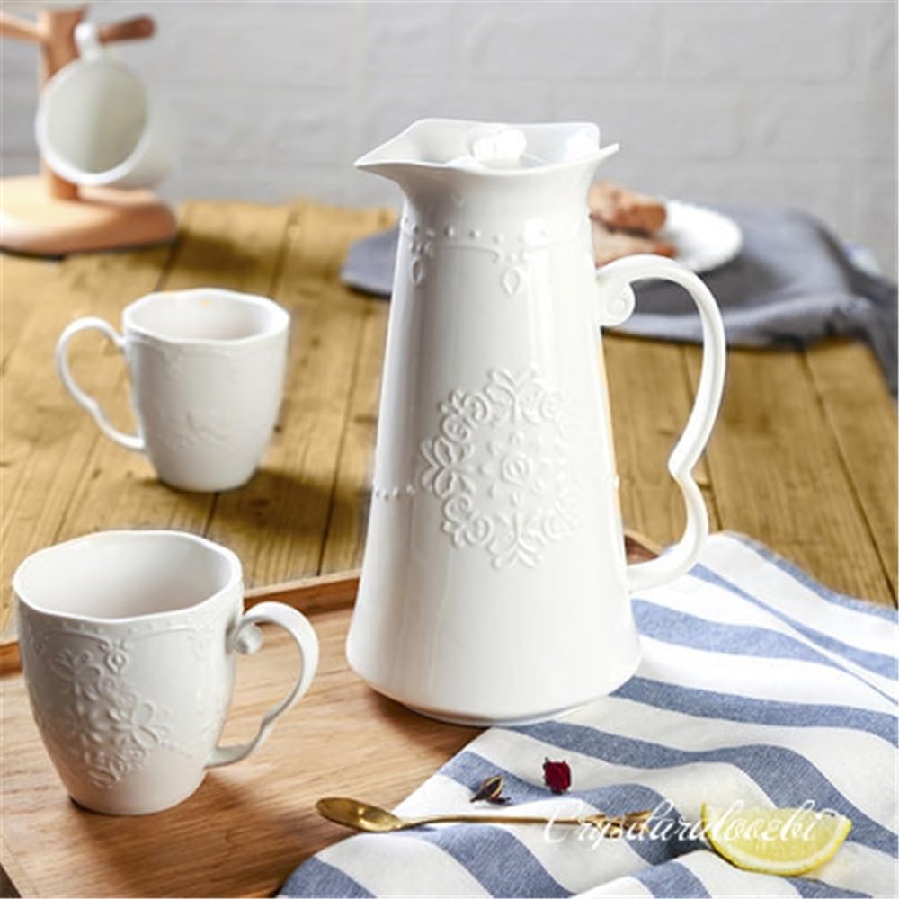 Jarra Jarra de agua cerámica porcelana grabada en relieve blanca 1,2 l | Hervidor de café for la ceremonia del té del café