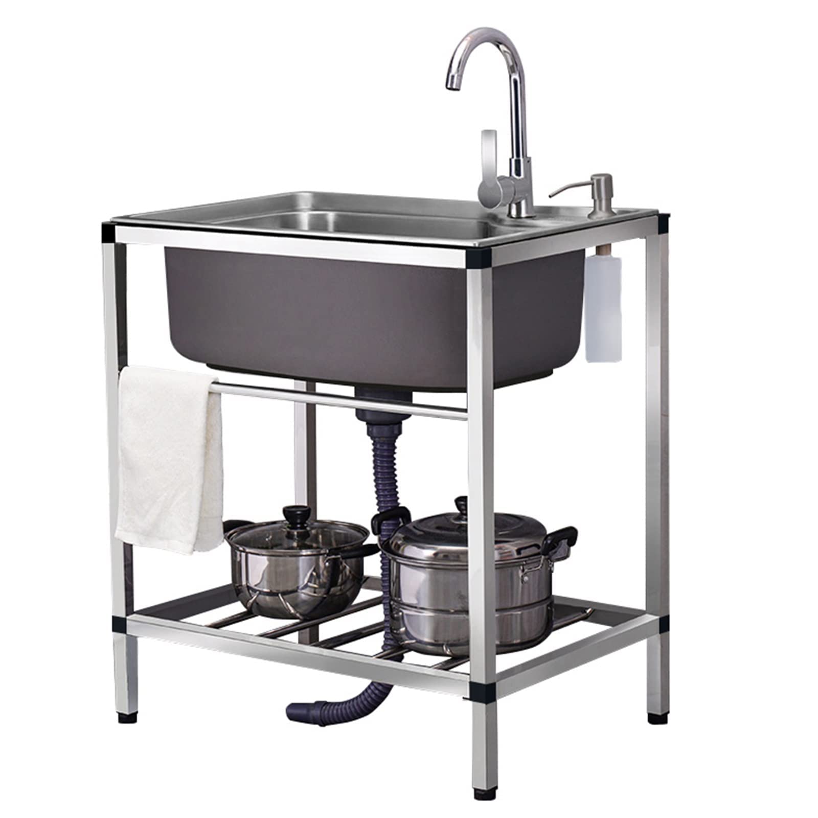 HYSOPSPX Free Standing 304 Stainless Steel Utility Sinks with Drain 1 Compartment Wash Basin Prep & Stainless-Steel Sink Laundry/Backyard/Garage