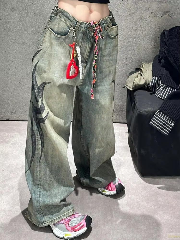 Unisex Y2K Streetwear Baggy Jeans Retro Totem Print Goth Pants High Waisted Wide Leg Harajuku Hip-Hop Style: Gray XX-Large
