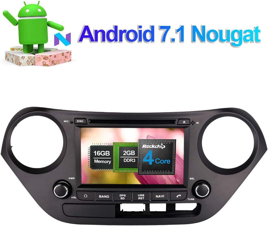 Flynavigo 7 Inch Android 7.1 Quad Core Car Radio Stereo for Hyundai I10/Hyundai Grand i10 2013 Up with DVD Player GPS Navigation Support Bluetooth FM AM WiFi 3G SWC Phone Link Camera in