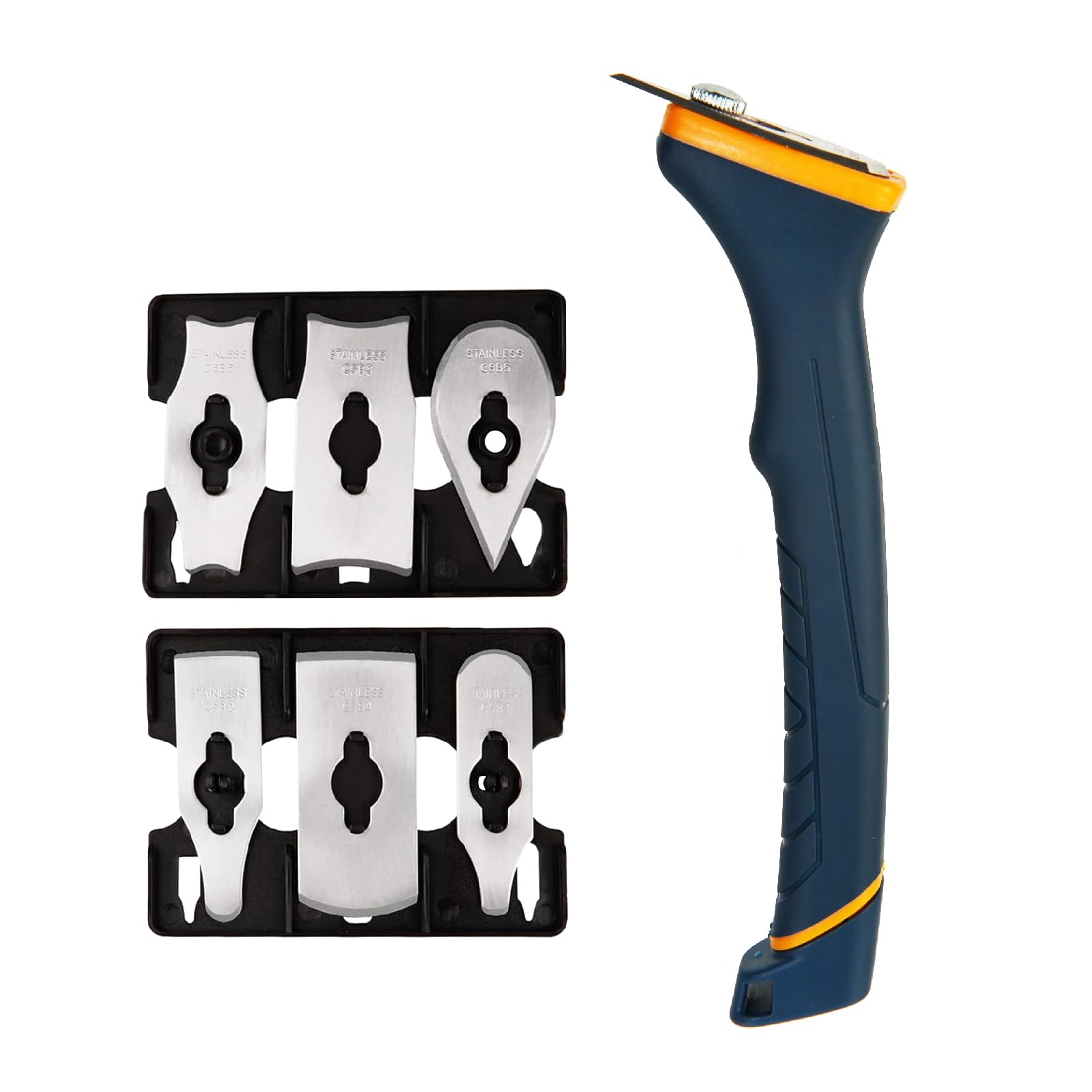 MANUFORE Soft Grip Contour Paint Scraper, 6pcs Different Stainless Steel Blades for Removing Paint, Varnish, Putty Caulk or Rust for Scraping Various Rounded and Contoured Wood Surfaces Orange
