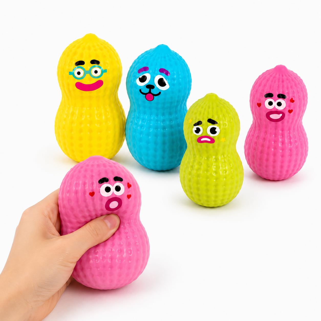 2 PCS Peanut Squishy Sensory Bundle, 9 cm Squishies with Assorted Expressions, Stress Relief Peanut Ball for Sensory Play and Relaxation, Soft Textured Sensory Peanut Ball Collection