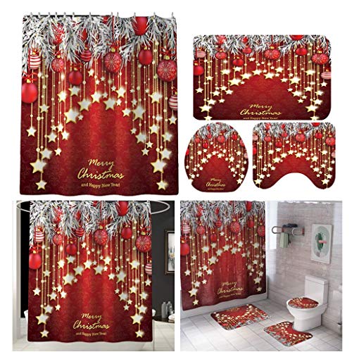 Tubayia Weihnachten Deko Badezimmer Zubehör Set Duschvorhang Badematte Toilettendeckelbezug Toilettenmatte – Bild 5