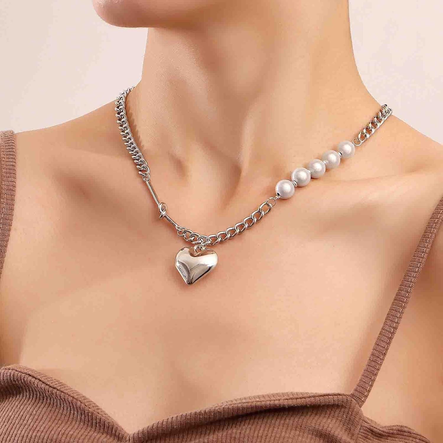 Bohemian Love Heart Pendant Necklace Silver Curb Chain Necklace Vintage Pearl Necklace Choker Cuban Chain Necklace Jewelry for Women - Image 3