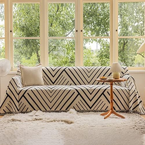 STACYPIK Soft Durable Geometric Sectional Couch Cover,Reversible Striped Sofa Slipcover Boho Tassel Furniture Protector for 2 Cushion Couch Washable Stylish Sofa Throw Cover for Kids Dogs-71x118IN