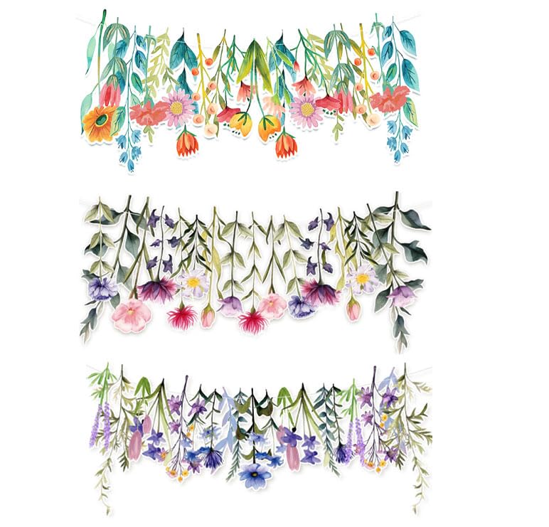 FLCSIed 3 Pcs A Set Double-Sided Watercolor Floral Hanging Banners, 30cm Length/PCS Botanical Garland Banner, Spring Flower Party Decorations for Wedding Birthday Baby Shower Home Wall Decor