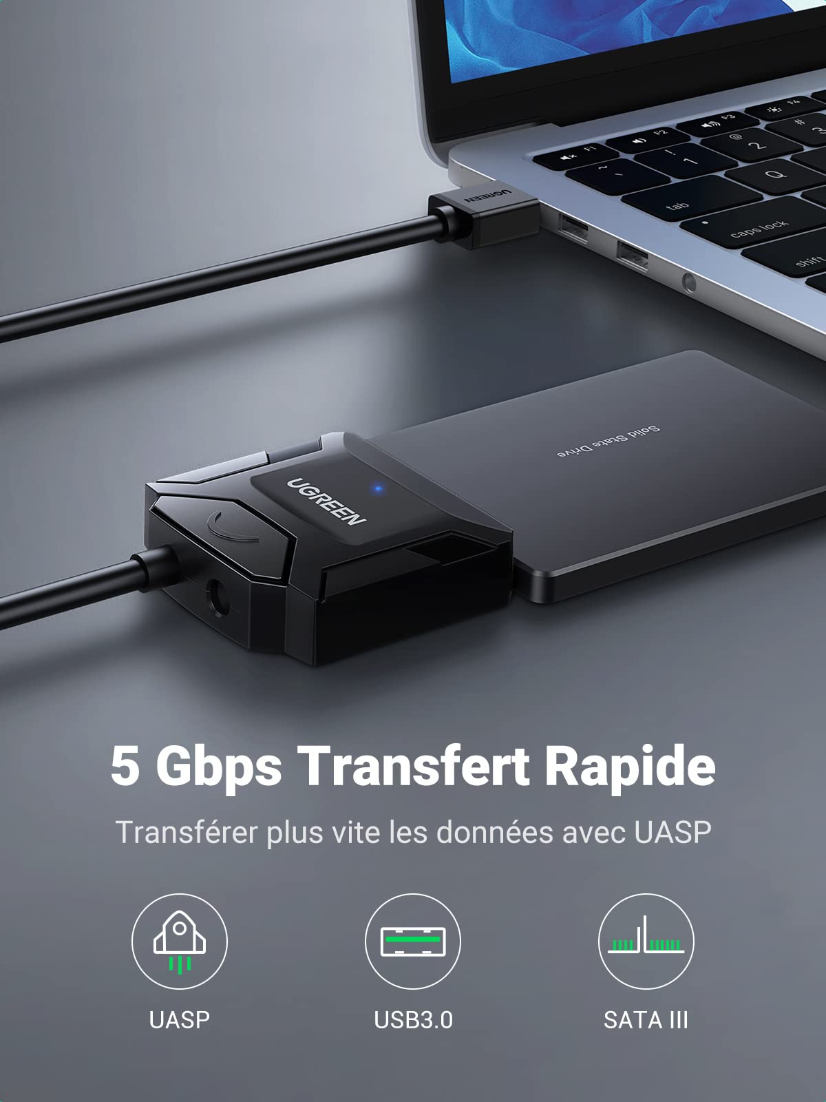 UGREEN Adaptateur USB 3.0 vers SATA Câble pour Disque Dur 2,5 3,5 Pouces HDD SSD avec Alimentation 12V 2A