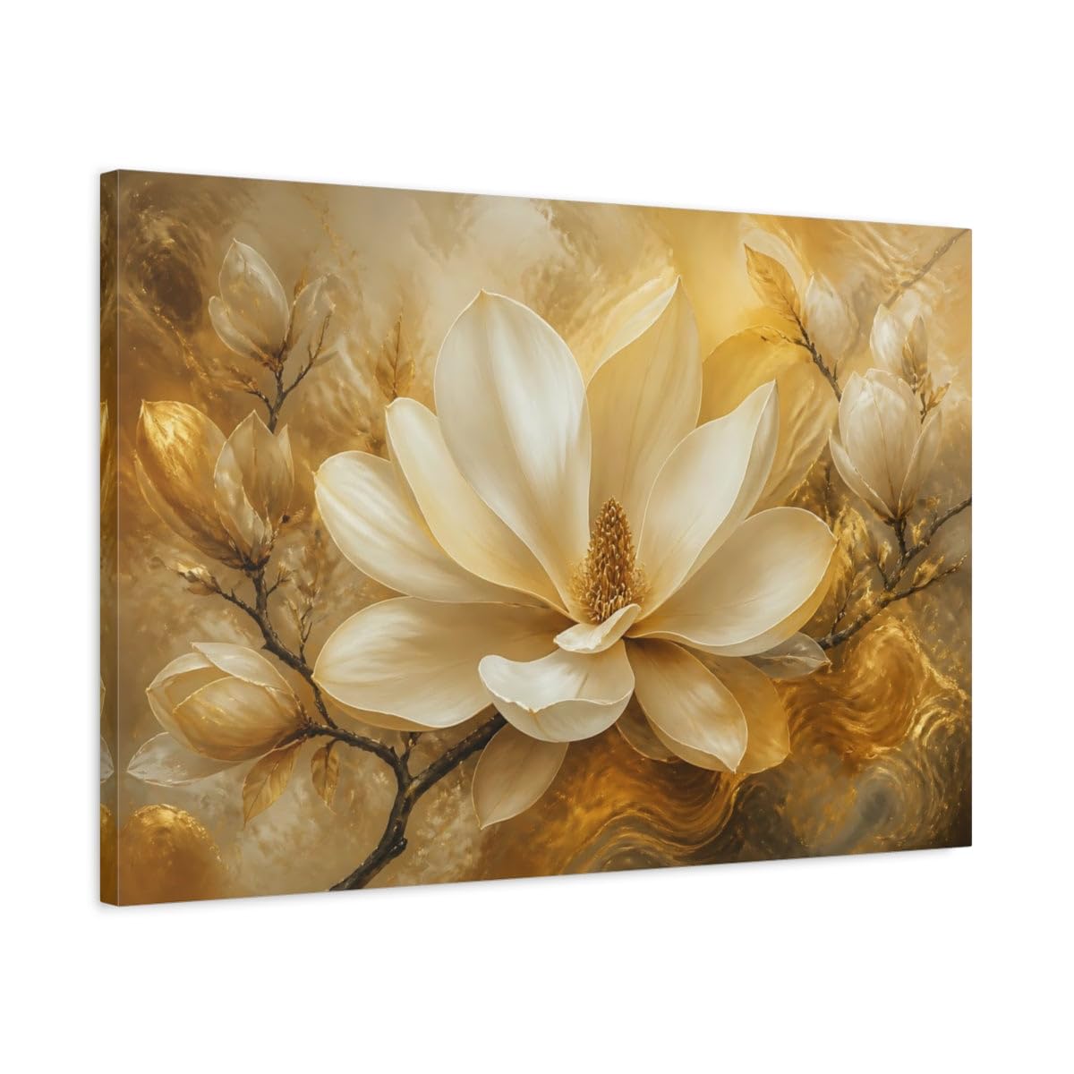 Gilded Magnolia Bloom Canvas Print Wall Art – Living Room Decor, Above Sofa 30×20 inch (75×50 cm) - Horizontal / 1.25 inch (3 cm)