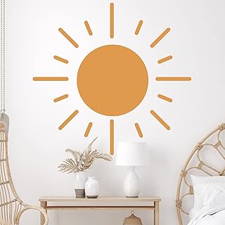Boho Sun Wall Decals Decor Peel and Stick Large, Oppro Sunshine Vinyl Wall Stickers, Removable Round Sunrise Bohemian Wall Decal for Kids Nursery Bedroom Classroom Playroom Decor 55”X55” (Yellow)