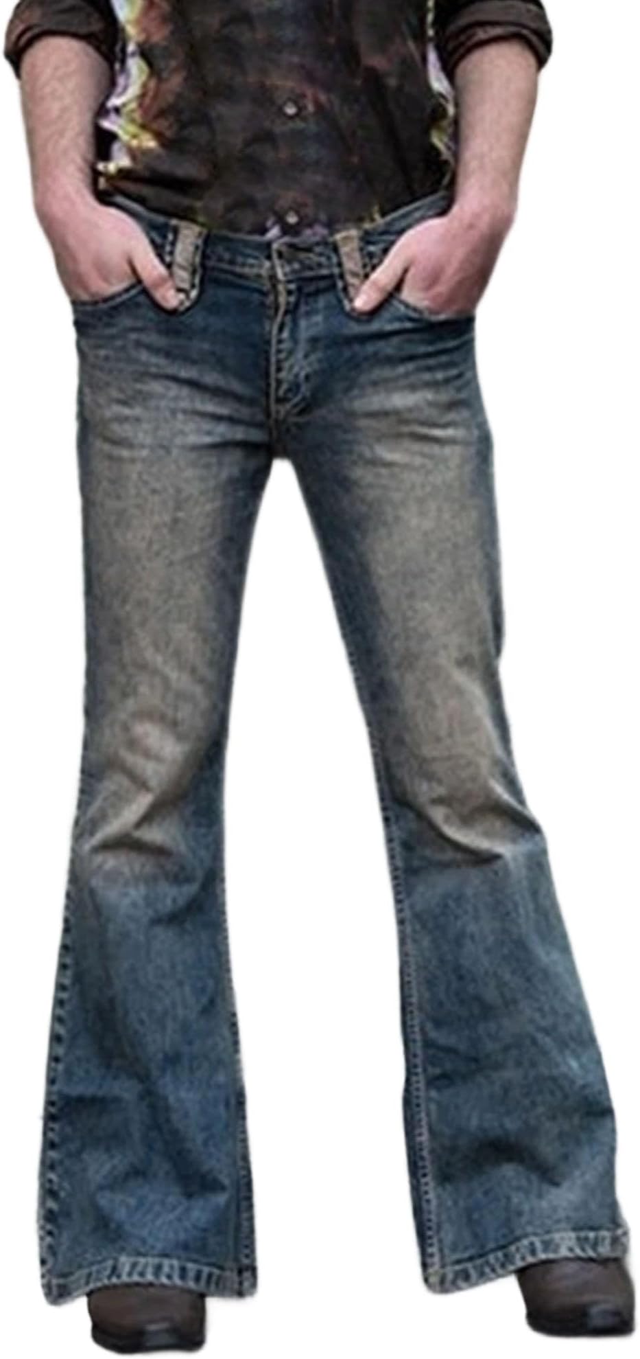 Men Vintage Flared Jeans Bell Bottom Denim Pants Classic Patchwork Retro Wide Leg Style