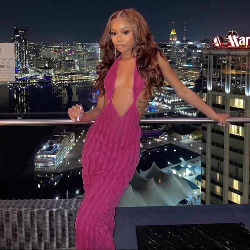 Suillty Women's Halter Low Cut Maxi Dress Sexy Sleeveless Hollow Out V Neck Backless Bodycon Party Club Long Dresses - Image 5