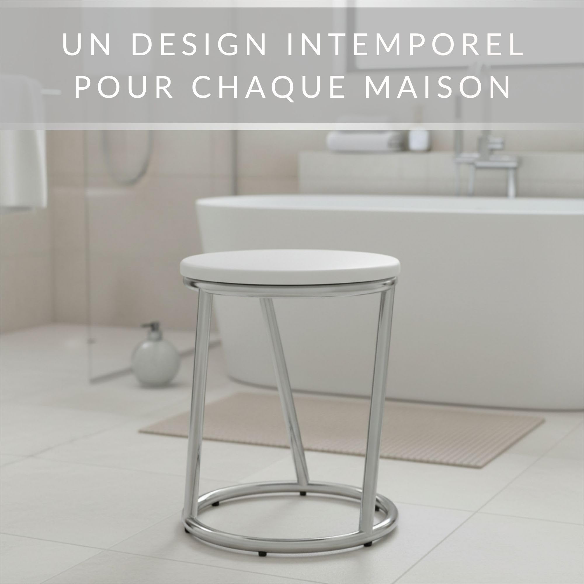 Tabouret de salle de bain Salina – tabouret rond en Métal chromé brillant– Tabouret robuste avec assise blanche au design de tabouret de bar – tabouret de cuisine polyvalent, repose-pieds, banc