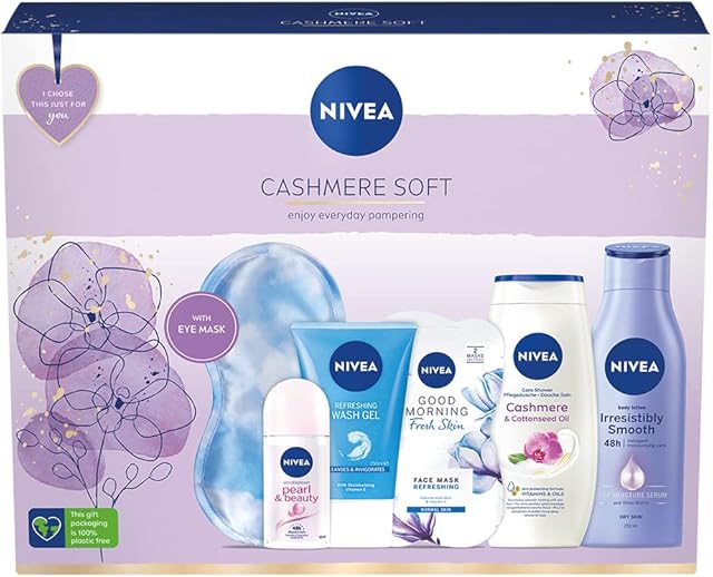 NIVEA Cashmere Soft Gift Set (6 Pieces), Relaxing and Refreshing NIVEA Gift Set Includes Shower Cream, Face Wash, Face Mask, Body Lotion and More, Gifts for Women