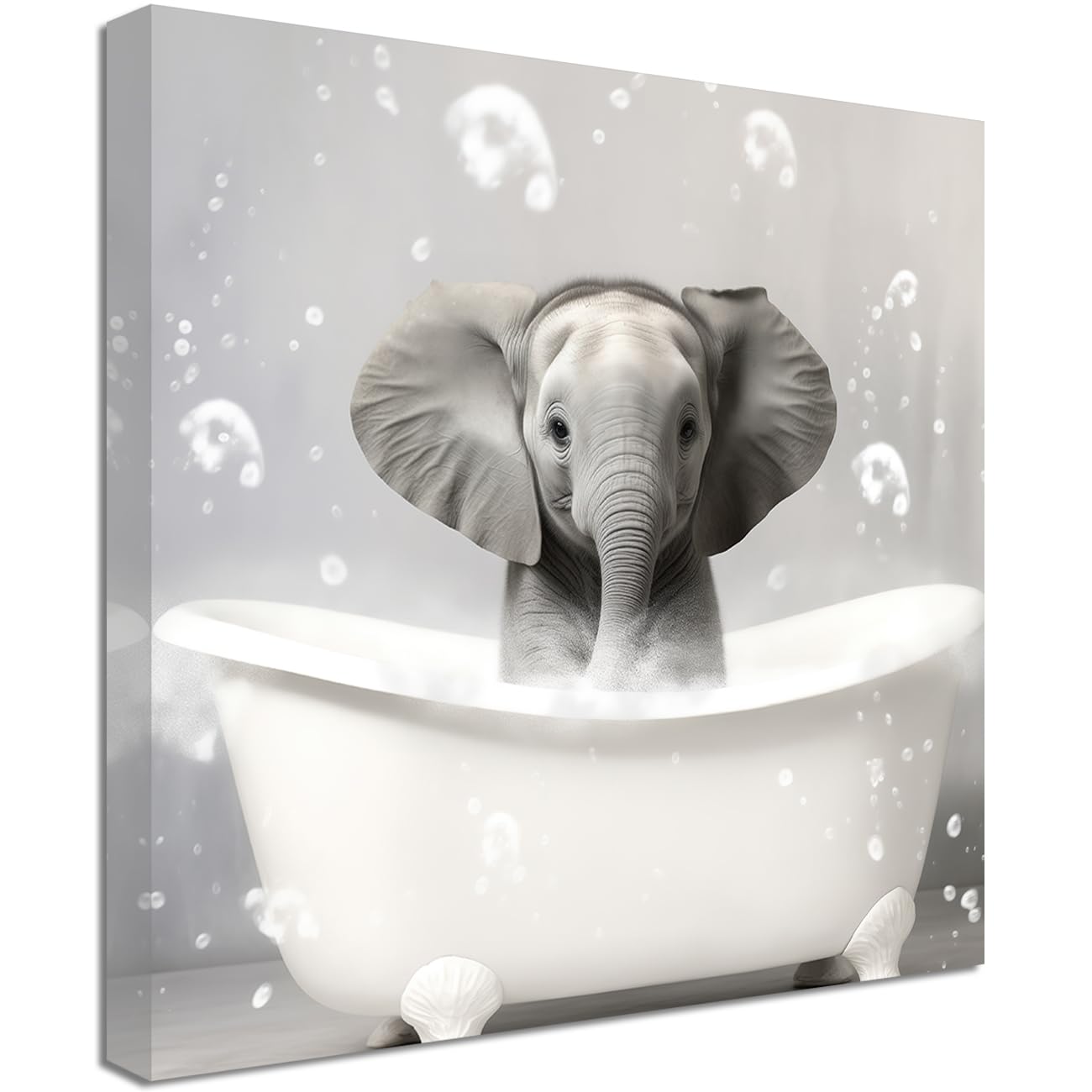 LMYSXAOZ Bathroom Animal Canvas Wall Art Cute Elephant in Bubble Bathtub Painting Prints Picture Artwork Funny Poster Framed (Elephant,16.00" x 16.00")