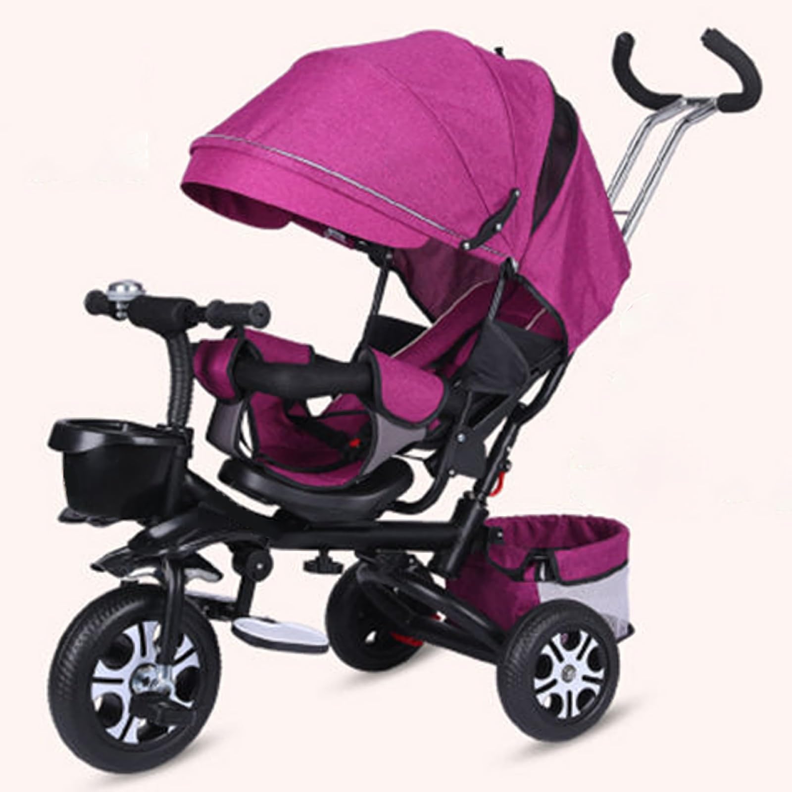 Kids Tricycle,Tricycle Stroller,Kid Stroller,4 in 1 Kids Trike,Folding Kids Tricycle Stroller with Push Handle,Removable Canopy,Rotatable Seat,Rubber Wheels,Black+Purple,EVA Wheel