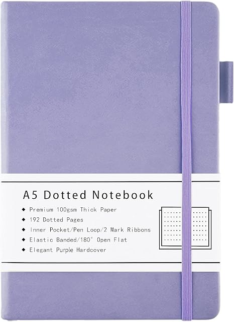 Dotted Journal, A5 Hard Cover Dotted Journal with Premium 100 GSM Thick Paper, Pen Loop, Inner Pocket, Elastic Banded, Faux Leather Cover, 192 Pages, 14.5X21.3 cm (Purple)