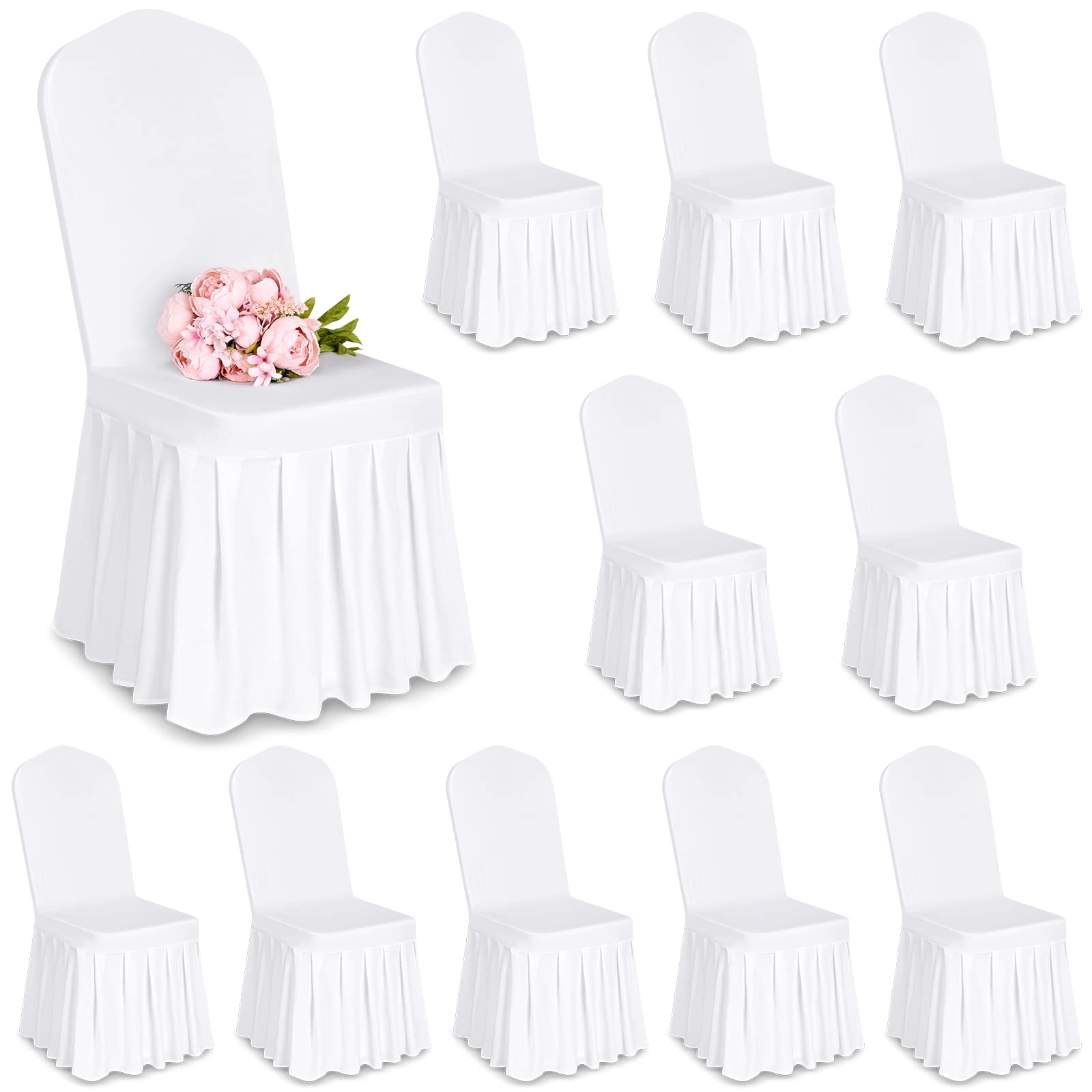 10 PCS Fundas para sillas Poliéster blanco Spandex Lycra Elástico Funda para silla con falda, Comedor Fundas para sillas de boda Fundas protectoras universales para sillas lavables para banquetes