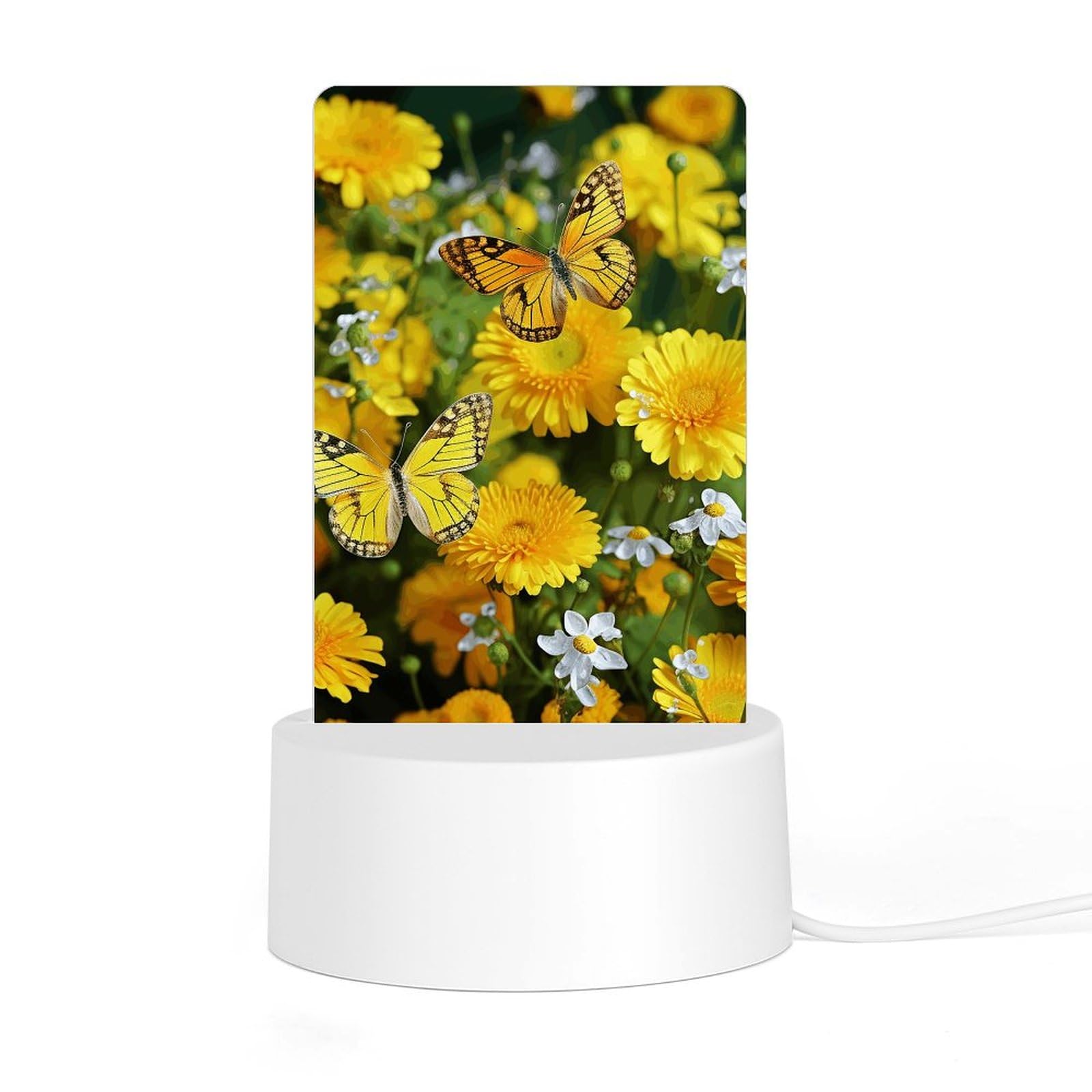 JTREHY Acrylic Night Light with Base, Yellow Butterfly and Daisies Printed Desktop Night Light LED Bedside Night Light for Bedroom, Bathroom, Corridor, Holiday Gift