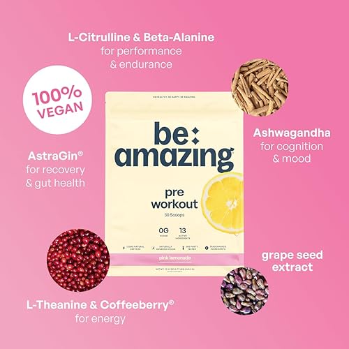 Miniatura 3 de Be Amazing Vegan Pre-Workout Powder  Bebida en polvo con cafeína totalmente natural, sin choques, sin nerviosismo  Suplemento con adaptógenos para