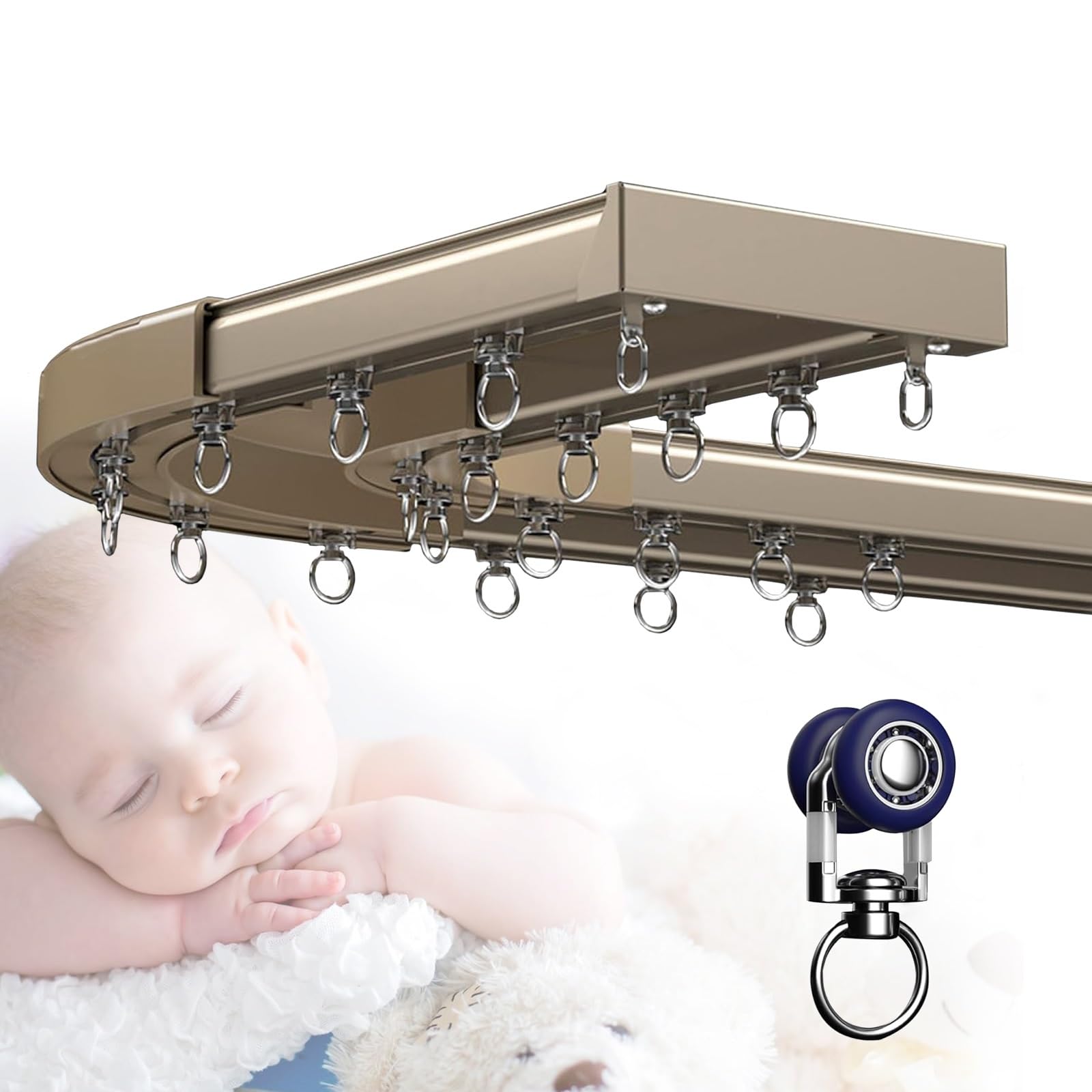Doppelreihiges Deckenschienensystem, 1-6 m, Wandmontage, ideal für Wohnzimmer, Schlafzimmer, Dusche, Raumteiler, 90-Grad-Biegung (Metallic, 5 m)