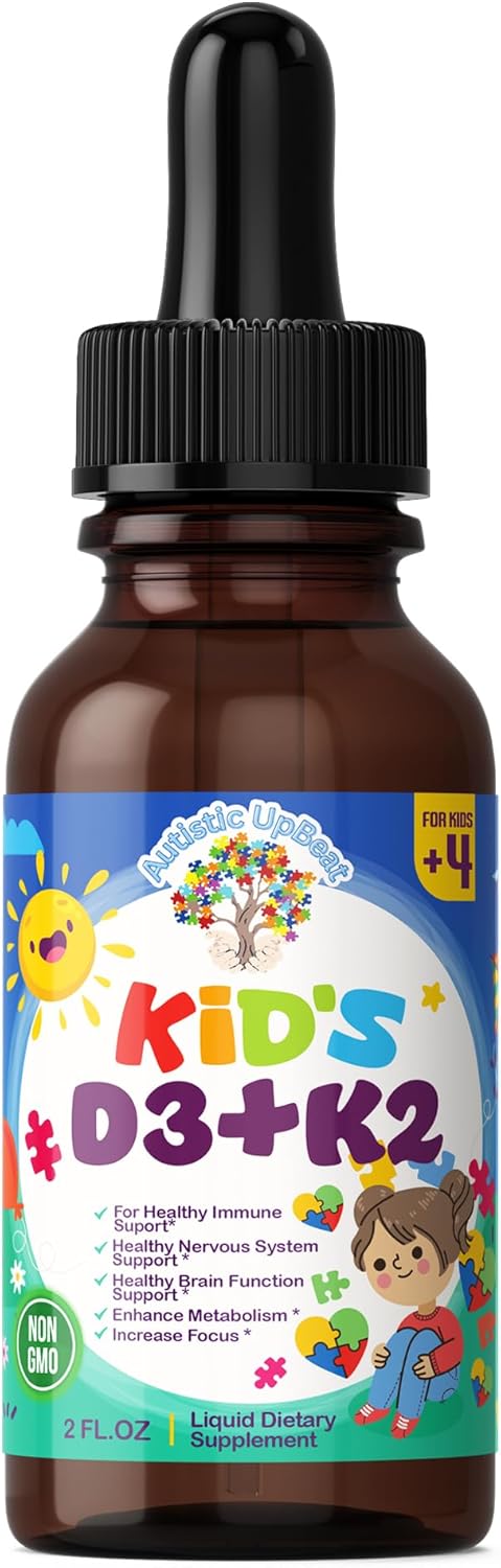 Autistic UpBeat: Kids Vitamin D3 & K2 Drops - Liquid D3 for Children with K2 MK-7 | Non GMO Supplement for Immune, Brain, Bone & Focus Support - 2 FL OZ, Easy to use, Liquid Drops Supplement, Ages 4