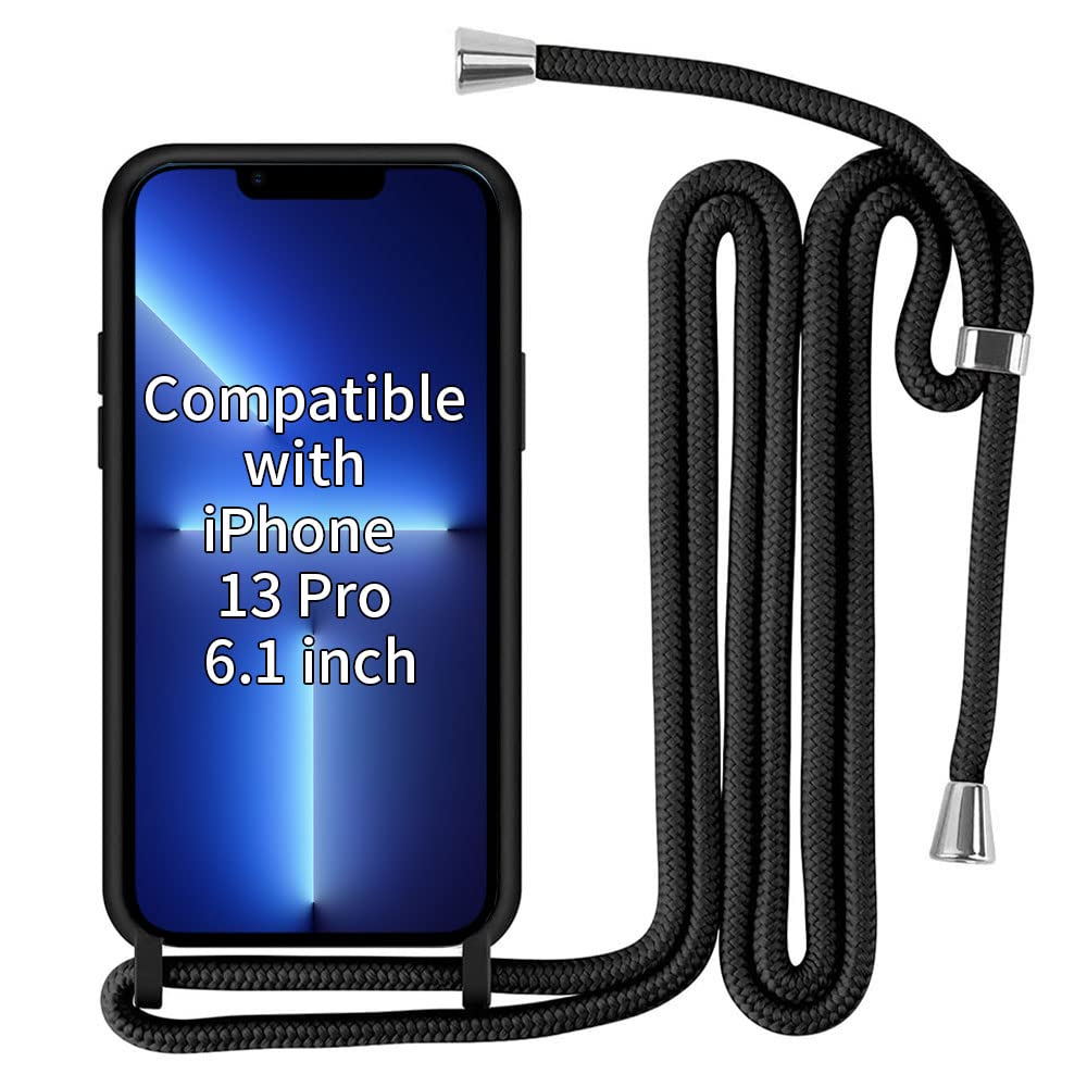 INFOSUN Compatible with iPhone 13 Pro Crossbody Case, Scratch Resistant and Bumps TPU Material Phone Moblie Cover Neck Cord Lanyard Strap Case for Apple iPhone 13 Pro 6.1" -Black