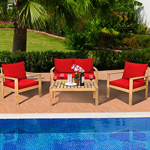 Tangkula Outdoor 4-Piece Acacia Wood Chat Set, 4 Seater Acacia Wood Conversation Sofa And Table Set With Water Resistant Cushions, Teak Finished (1, Red) #TOP2