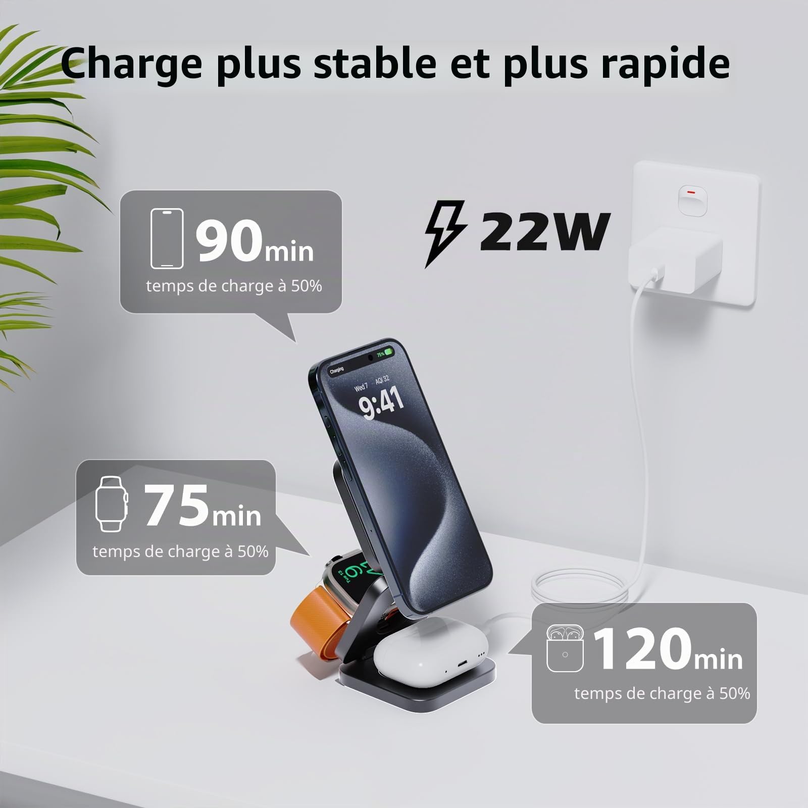KU XIU X55 Station de Charge pour Magsafe, Chargeur sans Fil Pliable 3 en 1, 15W Support Chargeur Induction Magnétique pour iPhone 17-12, 5W pour Apple Watch & AirPods, 30W Adaptateur Inclus, Gris