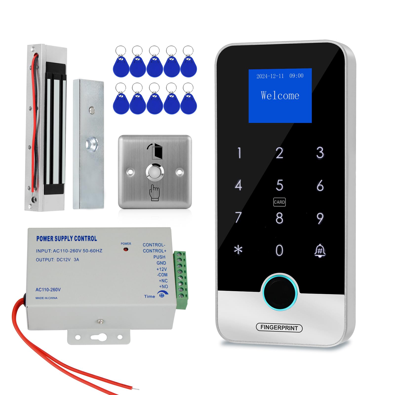 Fredorlokk tuya smart devices access door control system rfid garage door keypad,electric lock for door, 180kg/350lbs, power supply, push to exit button, and 10 13.56MHz IC key fob
