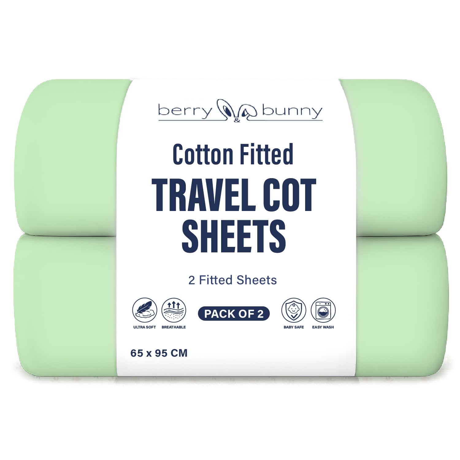 Berry and Bunny 100% Cotton Travel Cot Sheets Pack of 2, Soft Breathable Baby Fitted Sheets 65 x 95 cm, Elasticated Mattress Protector Cover, Deep Fit Baby Bedding All Seasons