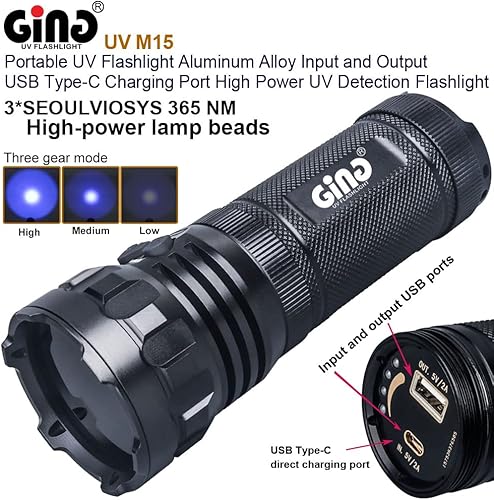 Miniatura 2 de UV M15 365NM Luz negra de alta potencia 3 cuentas UV de luz en 1 entrada y salida USB tipo C Puerto de carga Luz negra Linterna UV para pegamento,