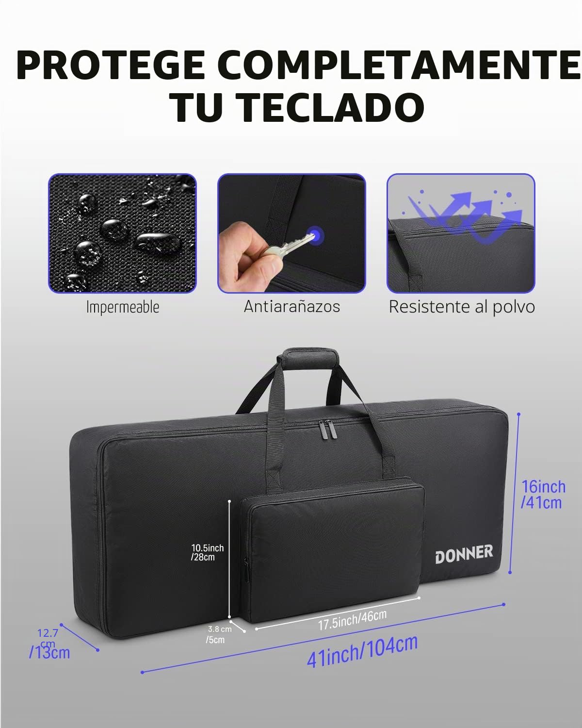 Donner Funda para Teclado de 61 Teclas, Bolsa de Teclado eléctrico, 101,6 x 40,6 x 15,2 cm, Impermeable 600D Nailon Oxford Negro Acolchado de Espuma de 10 mm