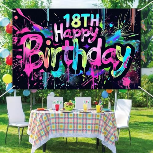 Image of HOMETITUTE Neon 18th Happy Birthday Banner 71x43 Inch Glow in The Dark Party Backdrop Colorful Wall Decor for Adults Boys Girls Eighteenth Birthday Celebrations Photo Booth Props Event Supplies