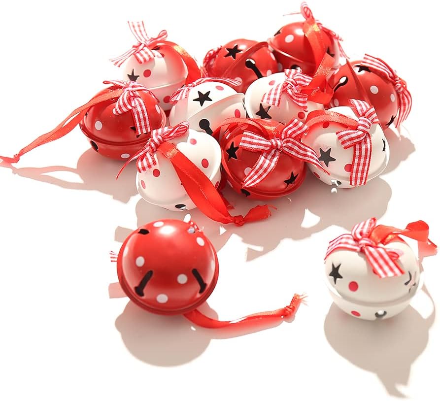 Christmas Jingle Bells 12 Pcs Craft Bells with Snowflake for Tree Wreath Ornaments Holiday DIY Decorations (White&red)