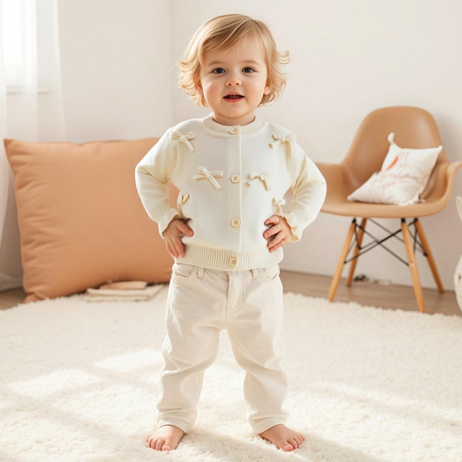 Baby Mädchen Strickjacke mit Knöpfen 3D Schleifen Druck Pullover Rundhalsausschnitt Strickpullover Weiche Winter Babykleidung