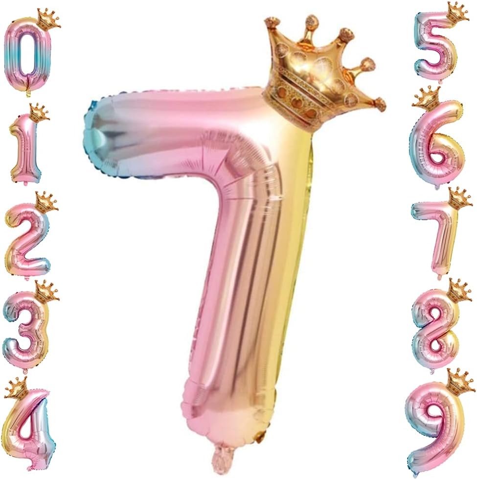 mciskin 32 inch Rainbow Gradient Colorful Big Size Number Foil Helium Balloons Birthday Party Celebration Decoration Large globos ,Digital Crown Aluminum Balloons (7)