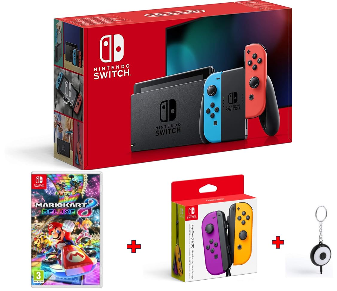 Nintendo_Switch Rouge/Bleu Néon 32Go [nouveau modèle] + mario karts 8 deluxes switch + 2ème Paire Joy-Cons (L)/(R) -Neon Purple/Neon Orange + Flash LED Offert