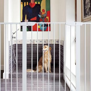 36" Extra Height Walk Thru Pet Gate, 43" to 46" Extendable Wide, Includes 2.8 and 11-Inch Extension Kit, 4 Pack Pressure Mount Kit, 4 Pack Wall Cups and Mounting Kit, White