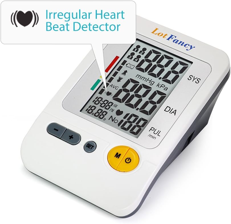 Blood pressure monitor display showing an irregular heartbeat symbol