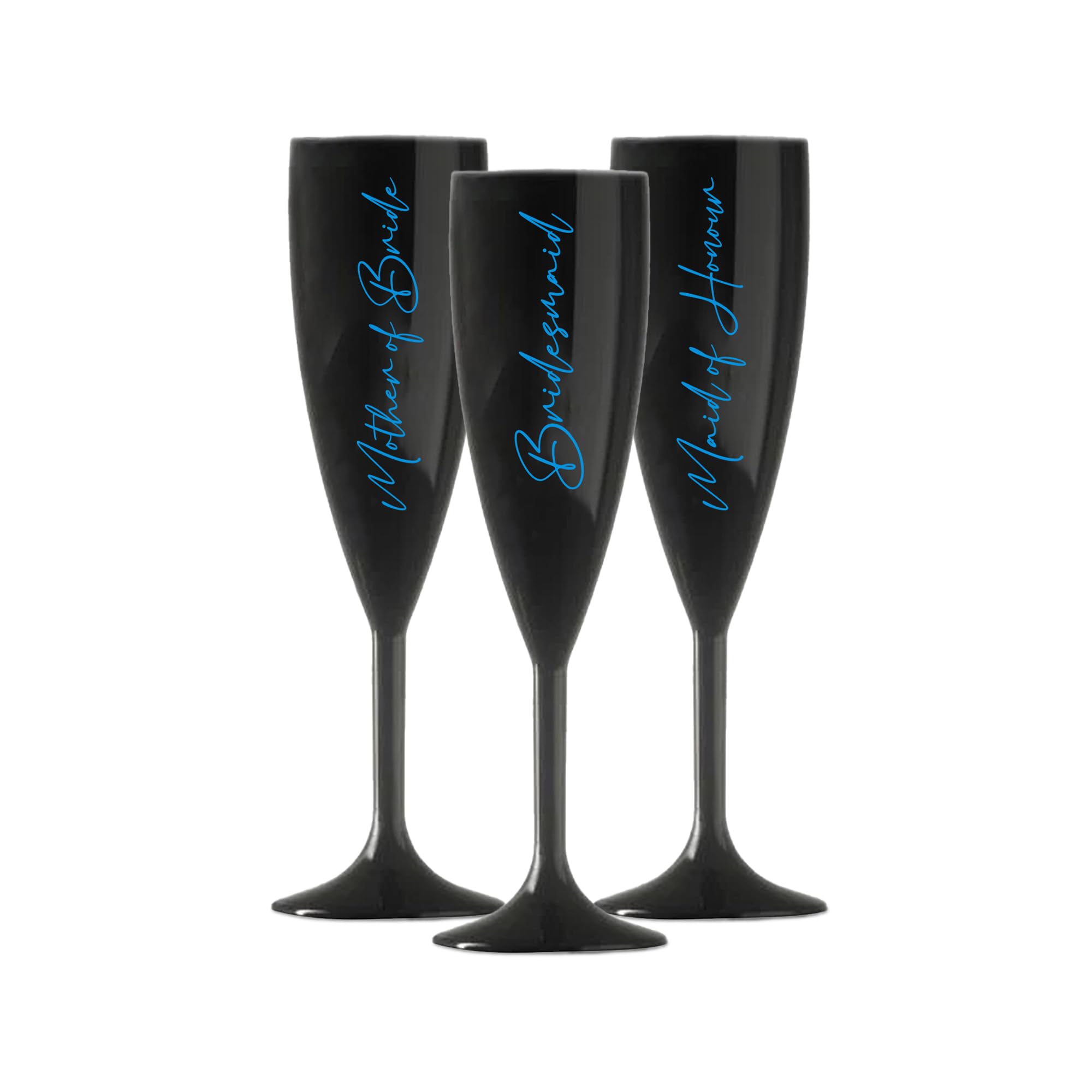 Print Maniacs Champagne Premium Black Flute Glass Bride Groom Mr Mrs Wedding Maid Honour Wine Cocktail Prosecco Celebrations Gift (Blue, Set of 3 Brides Side)