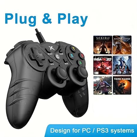 NBCP Wired PS3 PC Game Controller TV Box USB Steam Gamepad joystick Joypad with Dual Vibration Feedback Turbo Trigger for Windows 7/8 /8.1/10/ Laptop