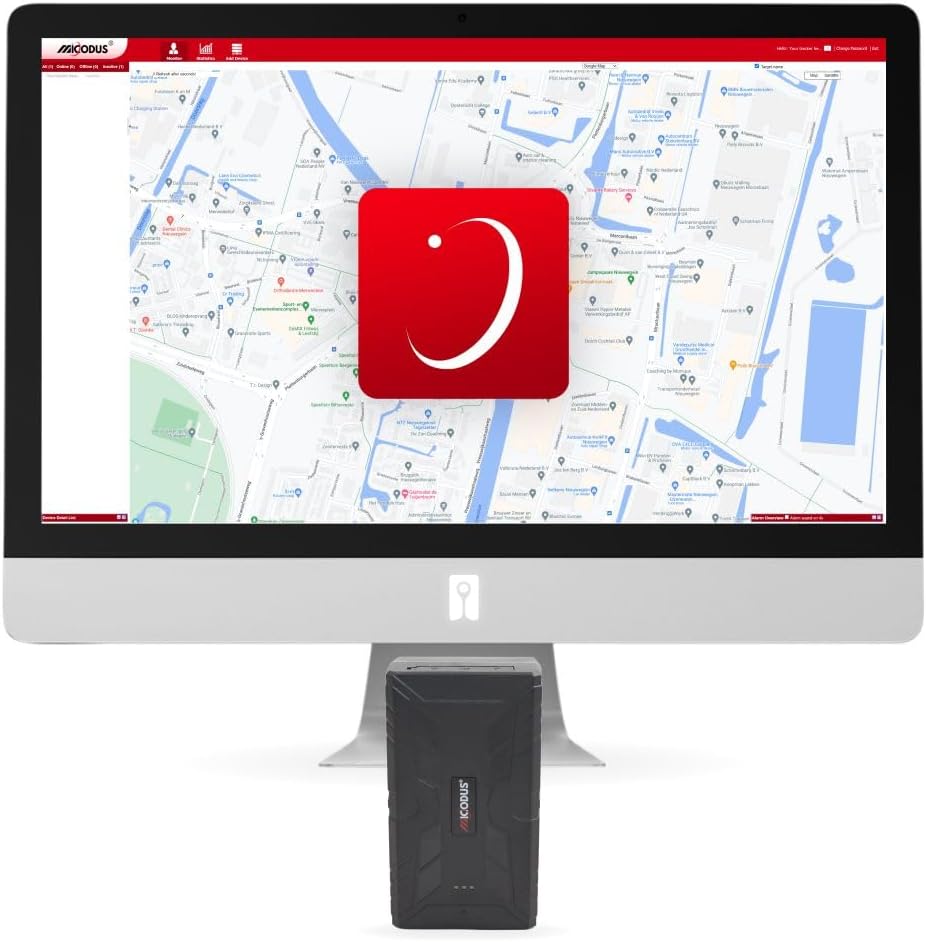 ML920G Asset Tracker in front of a desktop monitor displaying the tracking application interface.