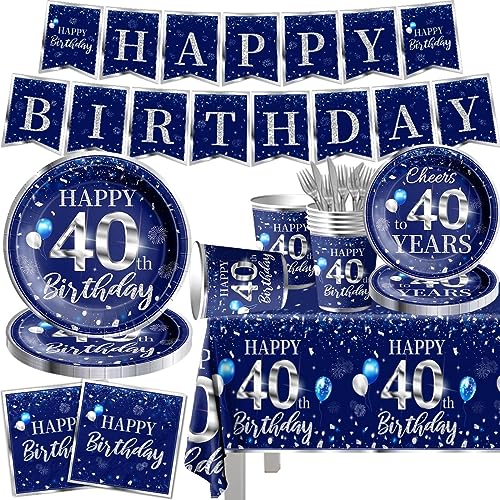 GREHUMOR 142 Pcs 40th Birthday Tableware Set Decorations Sliver and