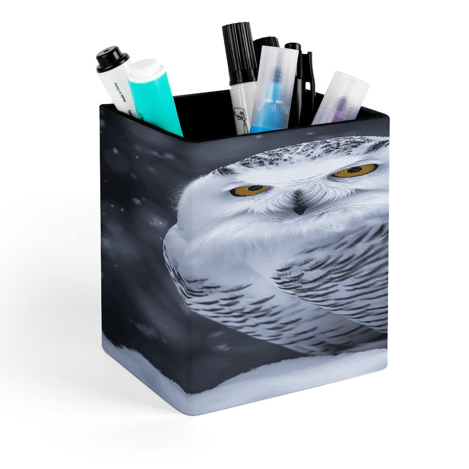 LZQPOEAS Arctic Owl Square Pen Pencil Holder PU Leather Pencil Cup Desktop Stationery Organizer Office Accessories Container