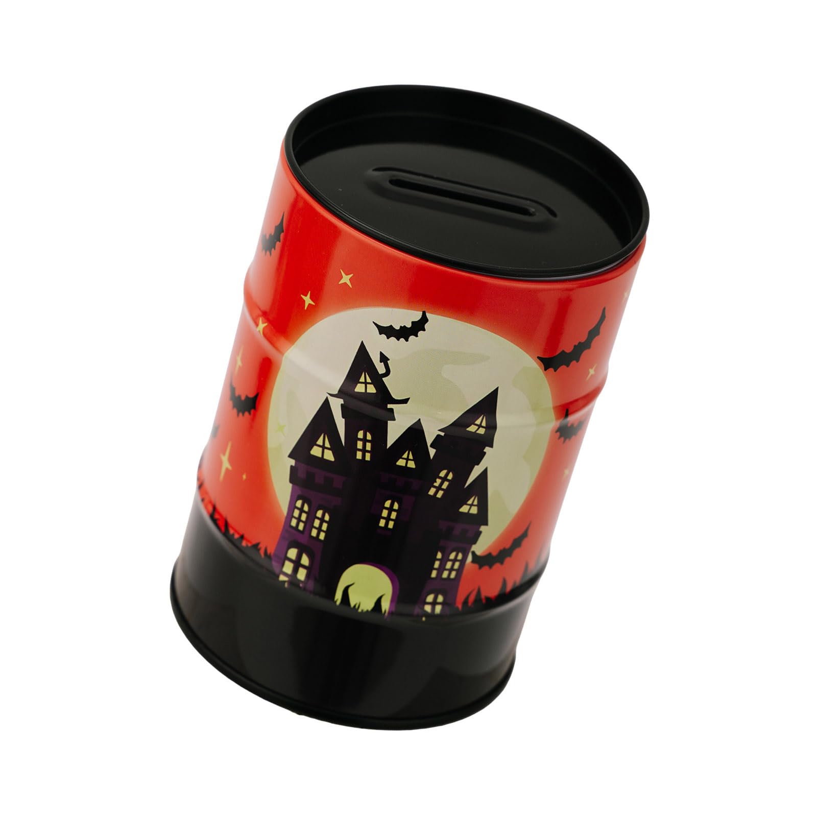 BELOWSYALER Unique Halloween Coin Container Castles Pattern Tinplate Cylinder Piggy Banks with Easy Opening Lid Money Saving Jar Metal Halloween Saving Box
